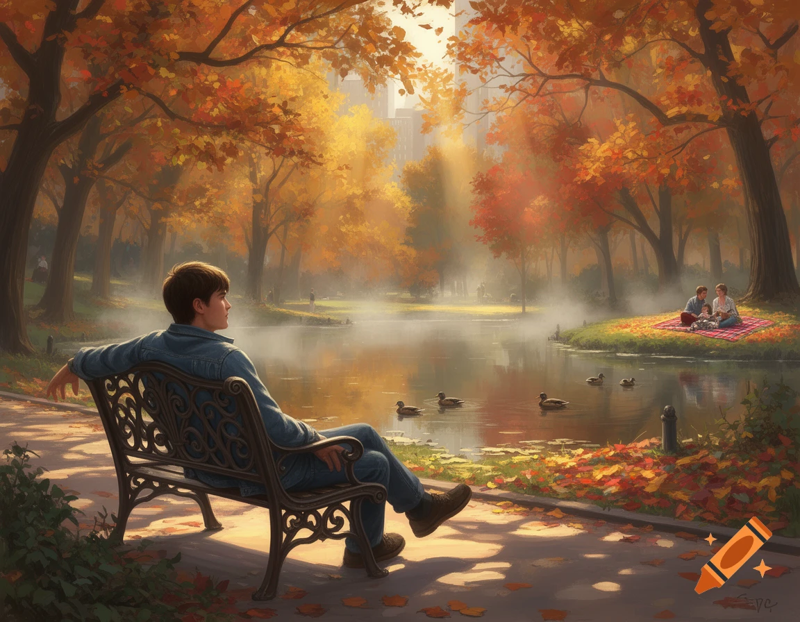 A man sits on a park bench overlooking a misty autumn pond with ducks ...