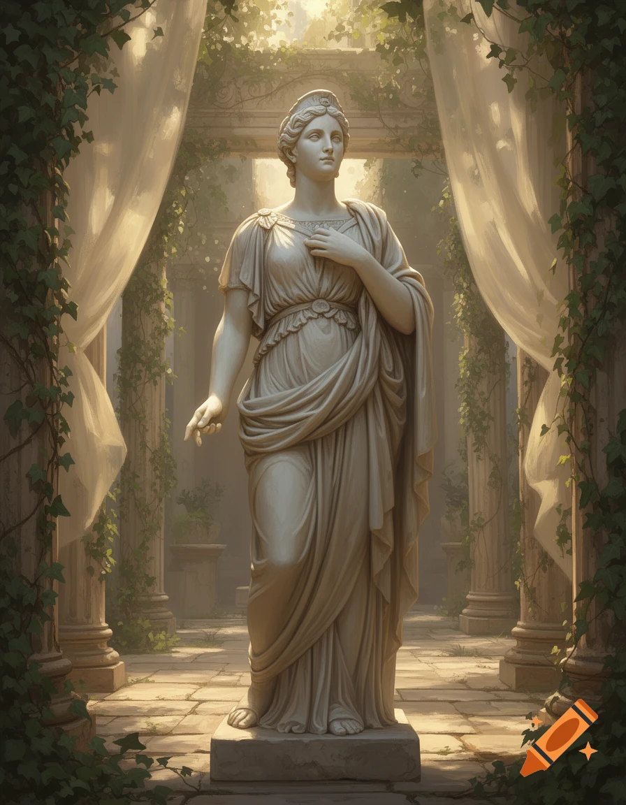 White marble Roman statue of a woman in a draped toga, standing in a sunlit, ivy-covered classical garden with pillars and flowing curtains.