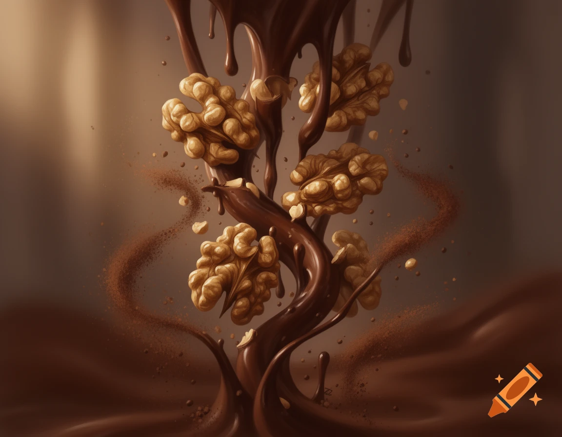 Rich chocolate pouring over a spiral of walnuts and cocoa powder against a warm brown background.