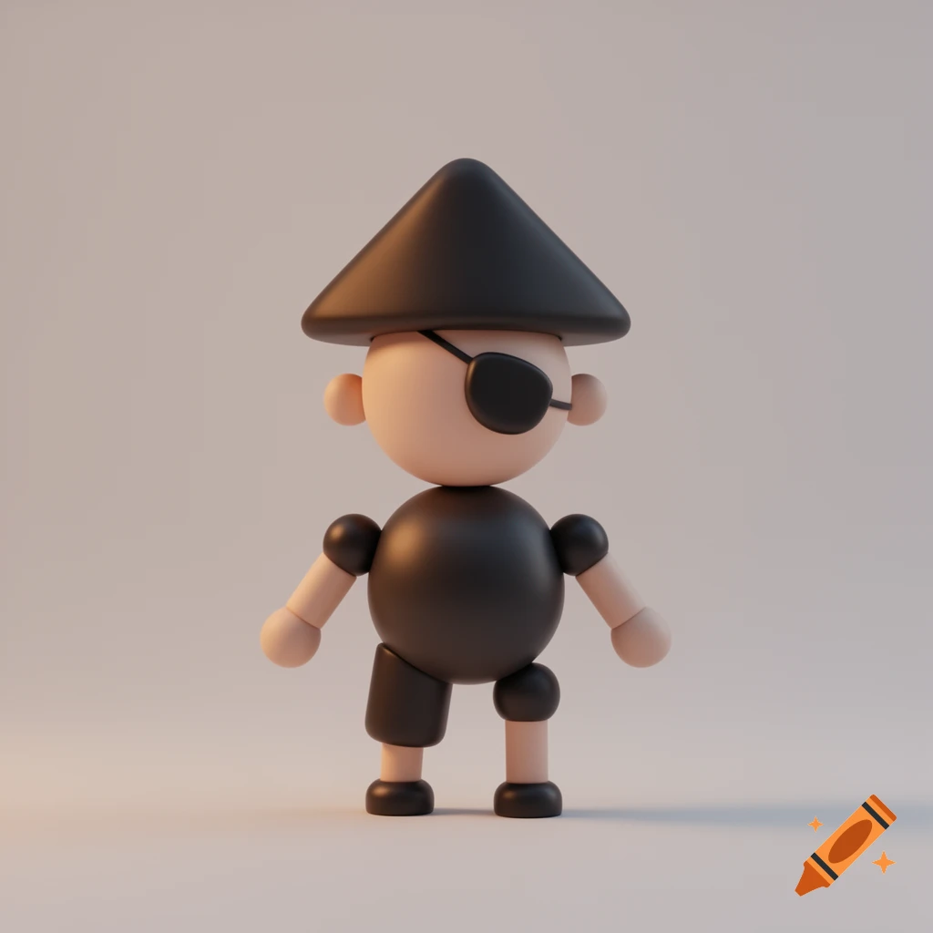 A simple 3D rendered character of a pirate with a black conical hat and an eye patch.