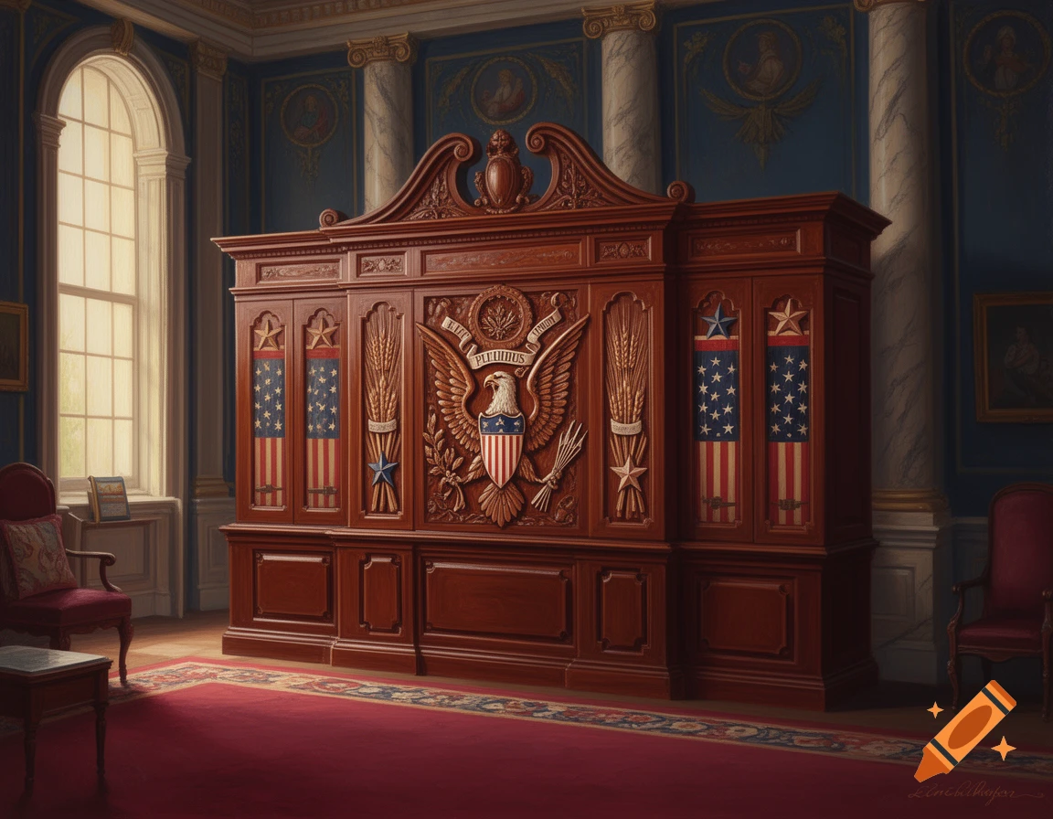 A grand wooden cabinet adorned with a carved bald eagle, US flag motifs, and stars, standing in a richly decorated room with blue walls, columns, and a large arched window.