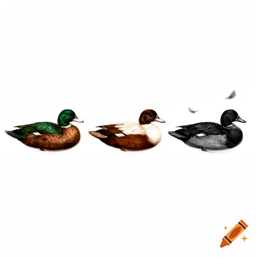 Three different types of ducks, a mallard, a brown and white, and a black duck, against a white background.
