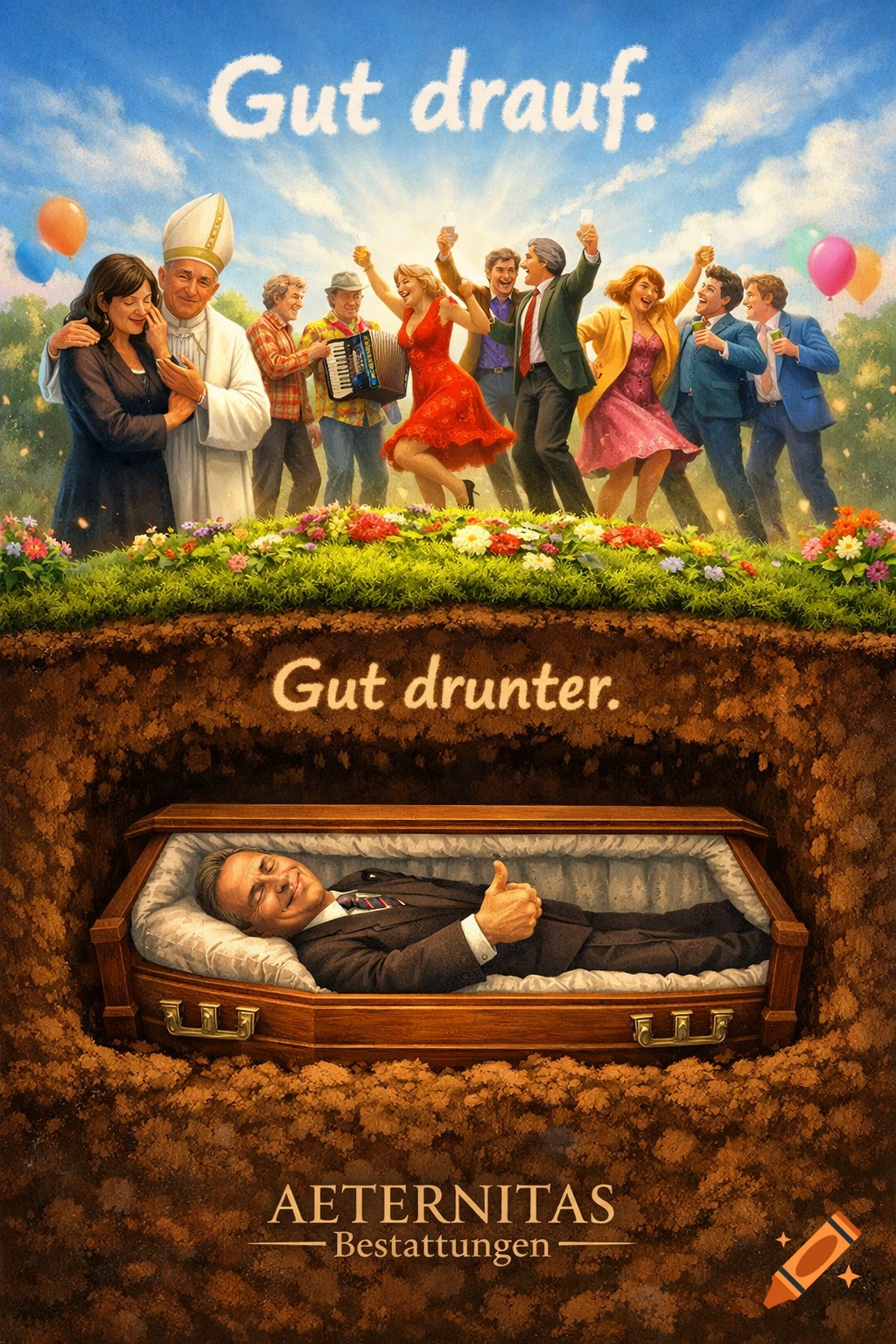 An illustration showing a funeral scene where people celebrate on a grassy mound, and below ground, a man in a coffin gives a thumbs-up.