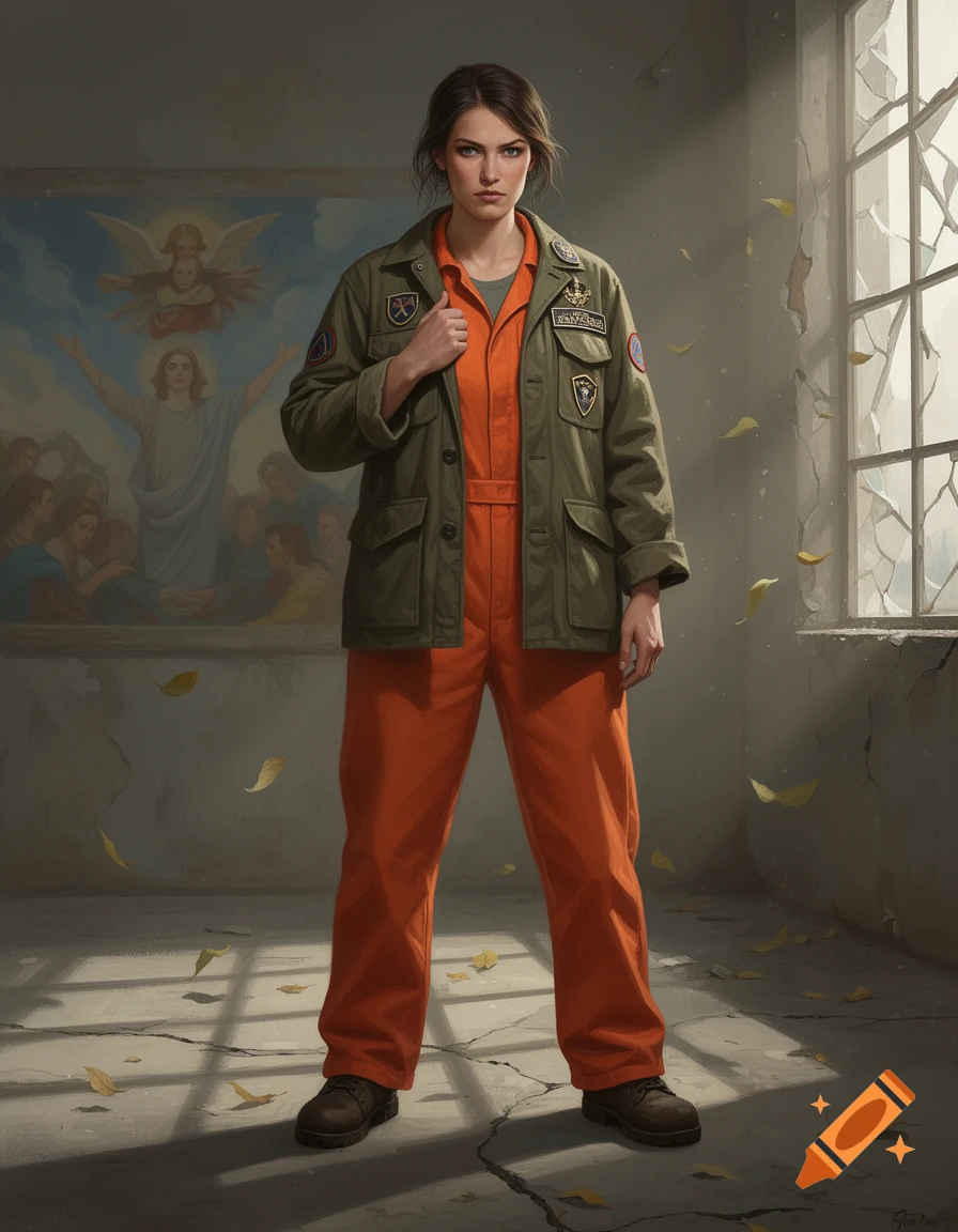 A woman in a military jacket over an orange prison jumpsuit stands in a dilapidated room with a religious mural and broken window.