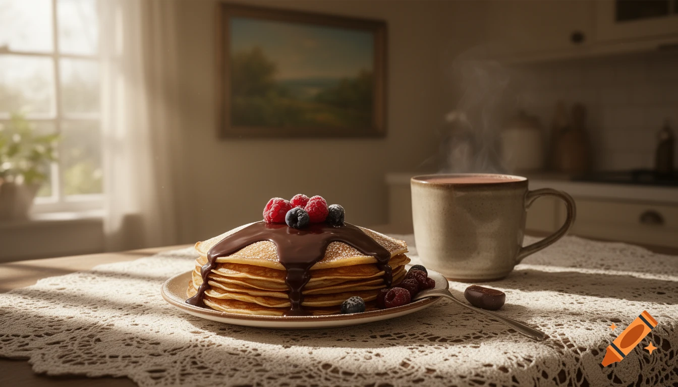 A stack of pancakes drizzled with chocolate sauce, topped with raspberries and blueberries, next to a steaming cup of coffee on a table with a white lace tablecloth.