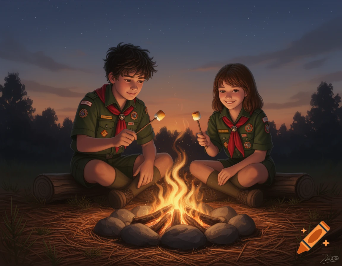 Two young scouts, a boy and a girl, sit by a campfire roasting marshmallows under a starry evening sky.