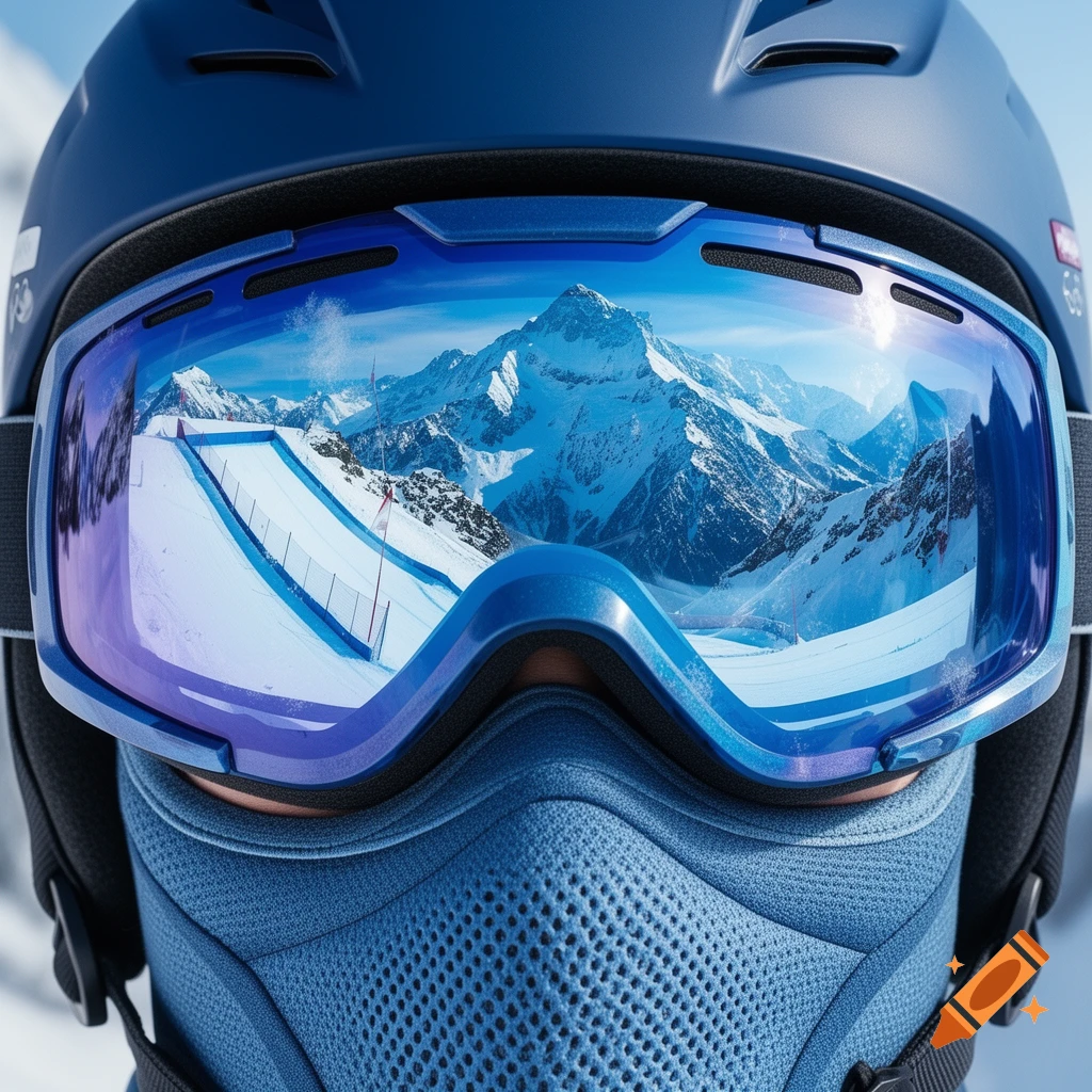 Close-up of blue ski goggles and helmet reflecting snowy mountains and a ski slope, worn by a skier.