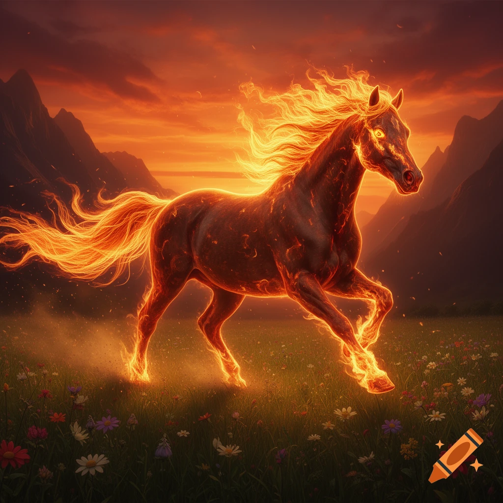 A majestic fiery horse with a lava-like body and flaming mane and tail ...