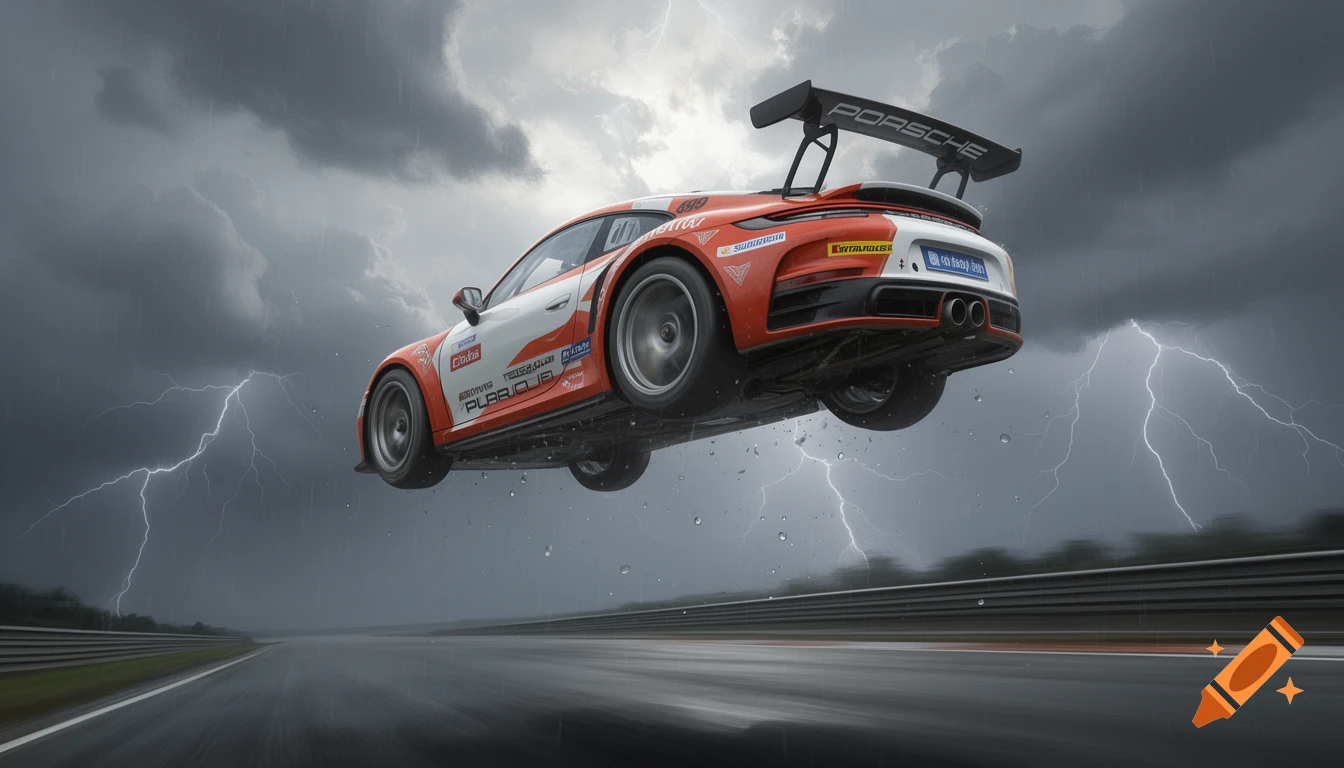 Red and white Porsche 992 Carrera Cup Car flying over a wet race track with lightning and rain in a stormy sky.