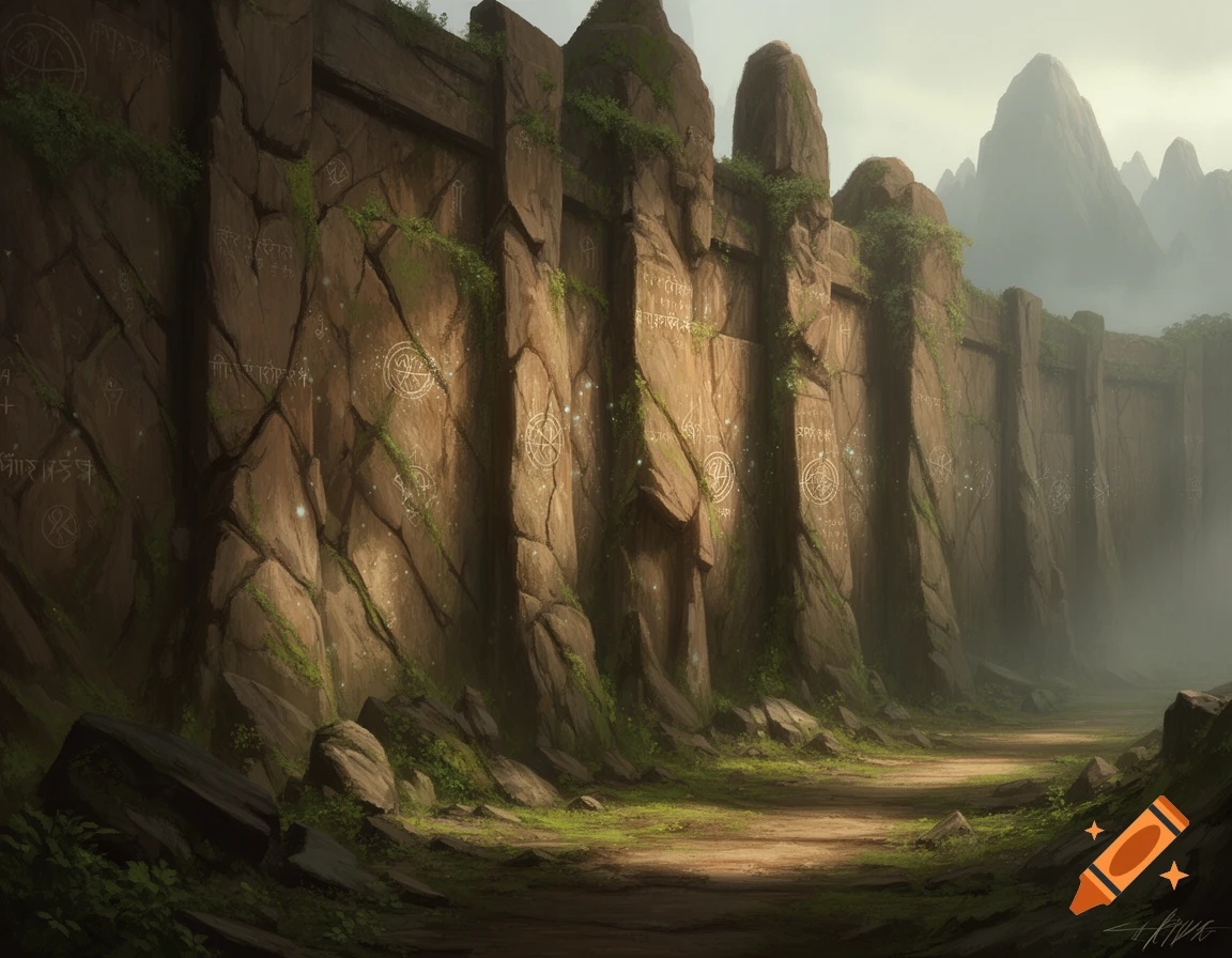 An ancient, moss-covered stone wall with glowing magical symbols, bordering a dirt path in a misty, mountainous fantasy landscape.