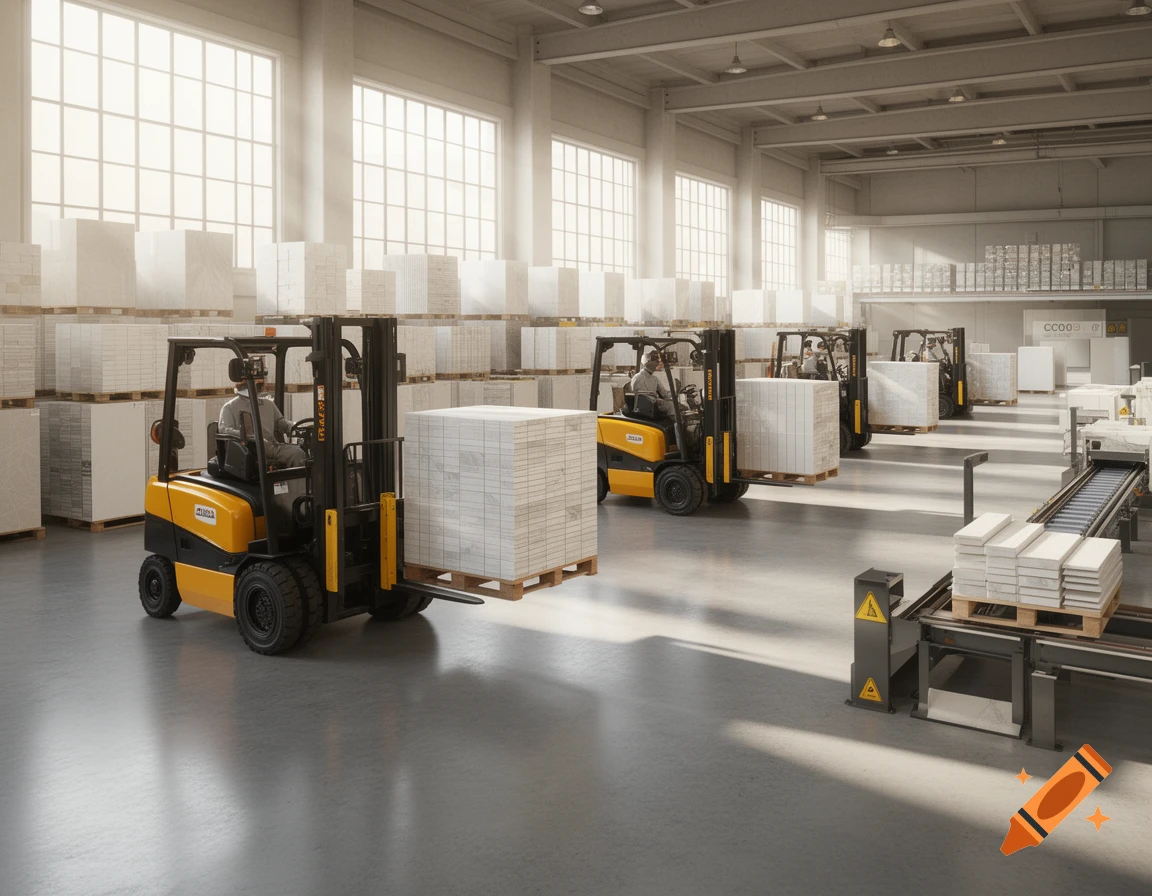 Photorealistic scene of forklifts moving white porcelain tiles inside a large, brightly lit warehouse.