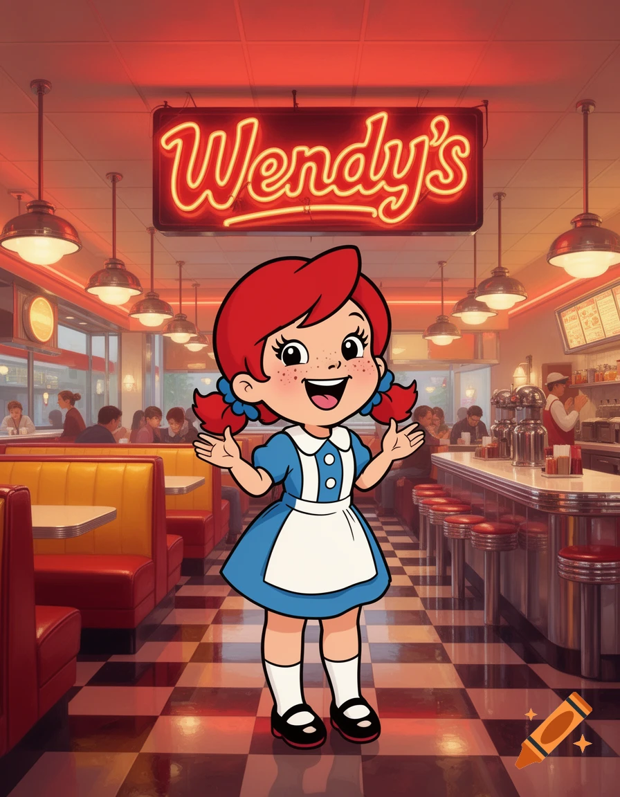 Cartoon of Wendy from Wendy's restaurant standing in a retro diner with a neon 'Wendy's' sign.