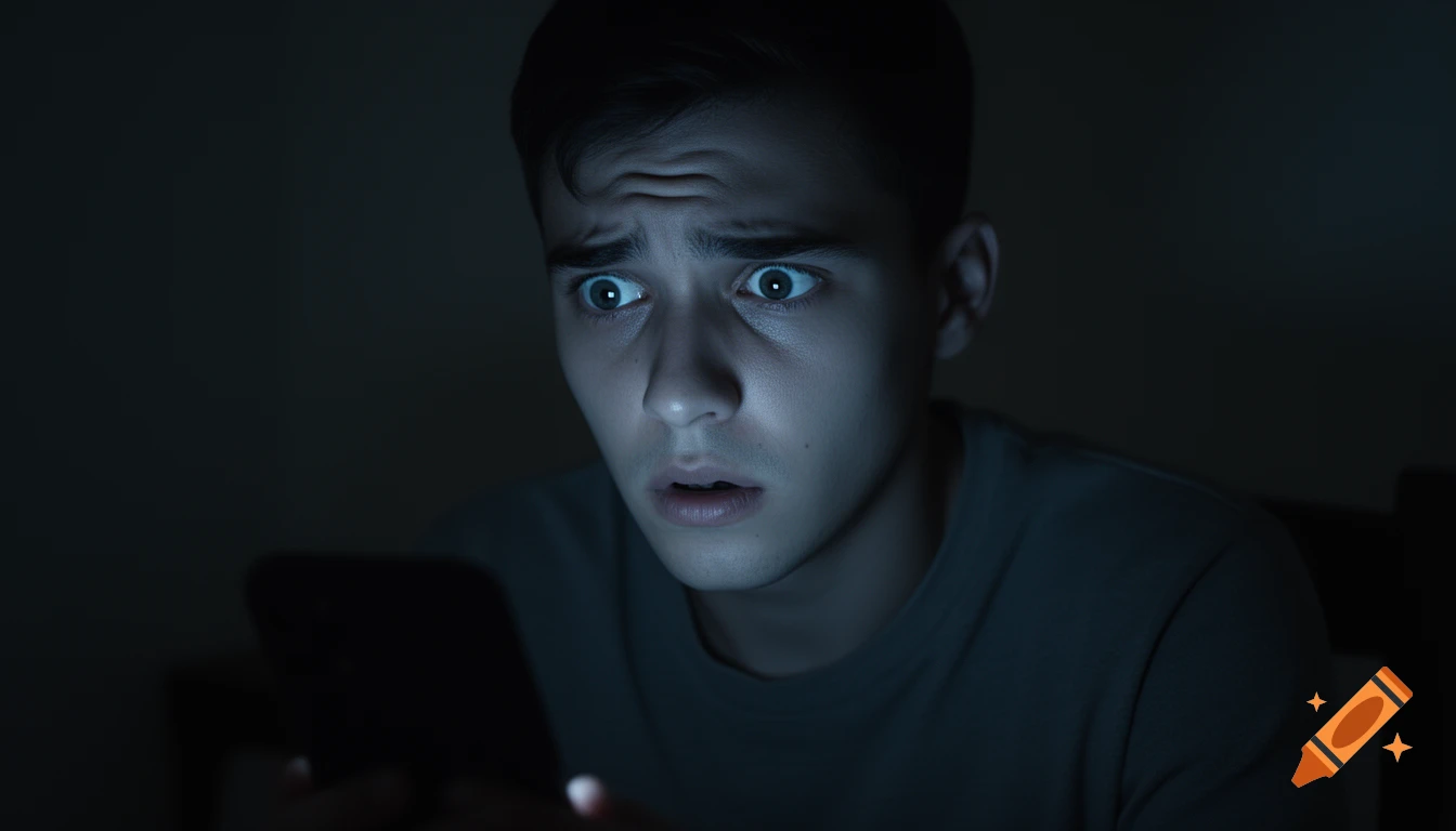 Close-up of a young man with a shocked expression, illuminated by the blue light from his phone in a dark room.