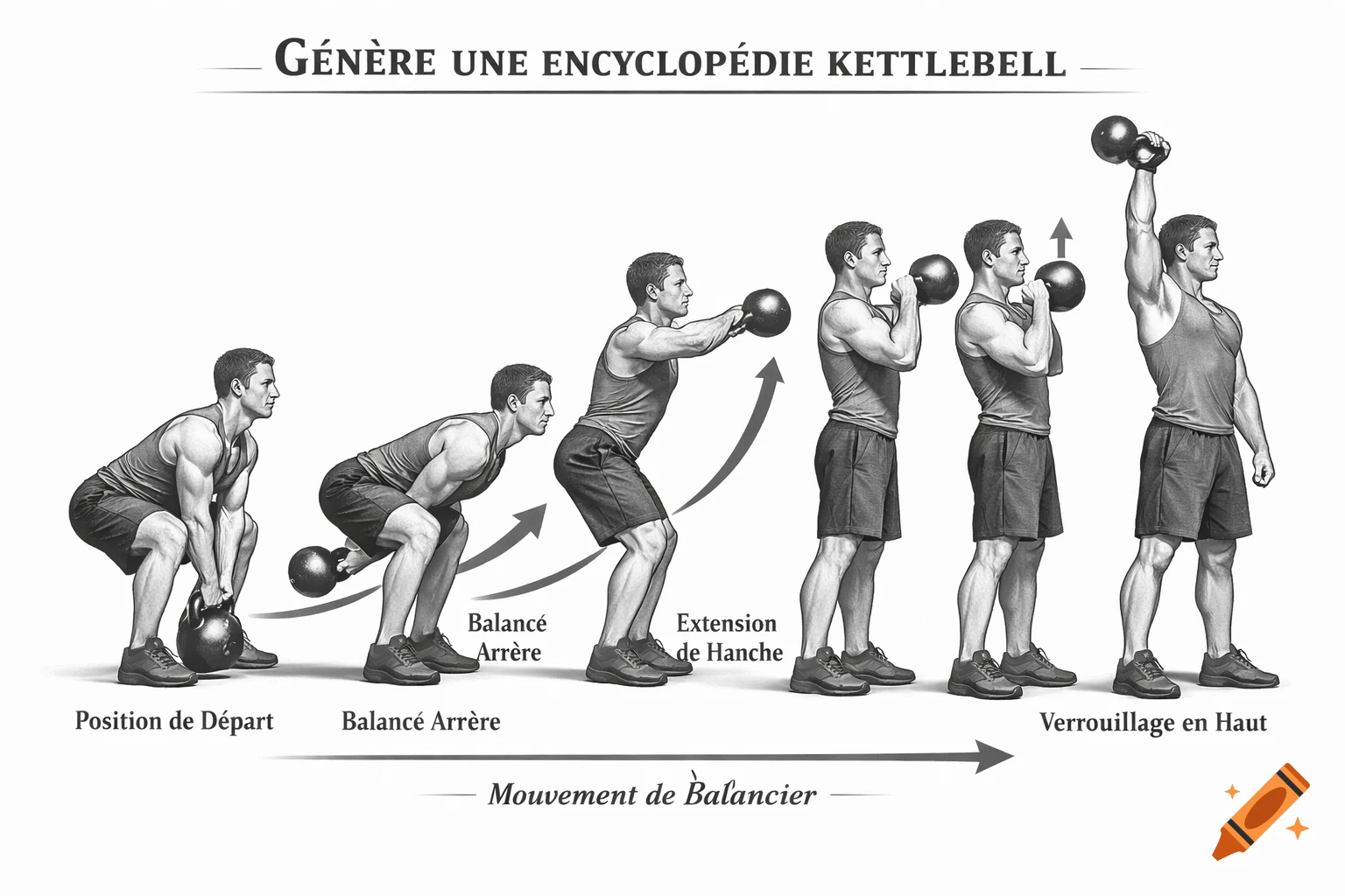Illustration of a man demonstrating kettlebell clean exercise steps, with French labels for each position, on a white background.