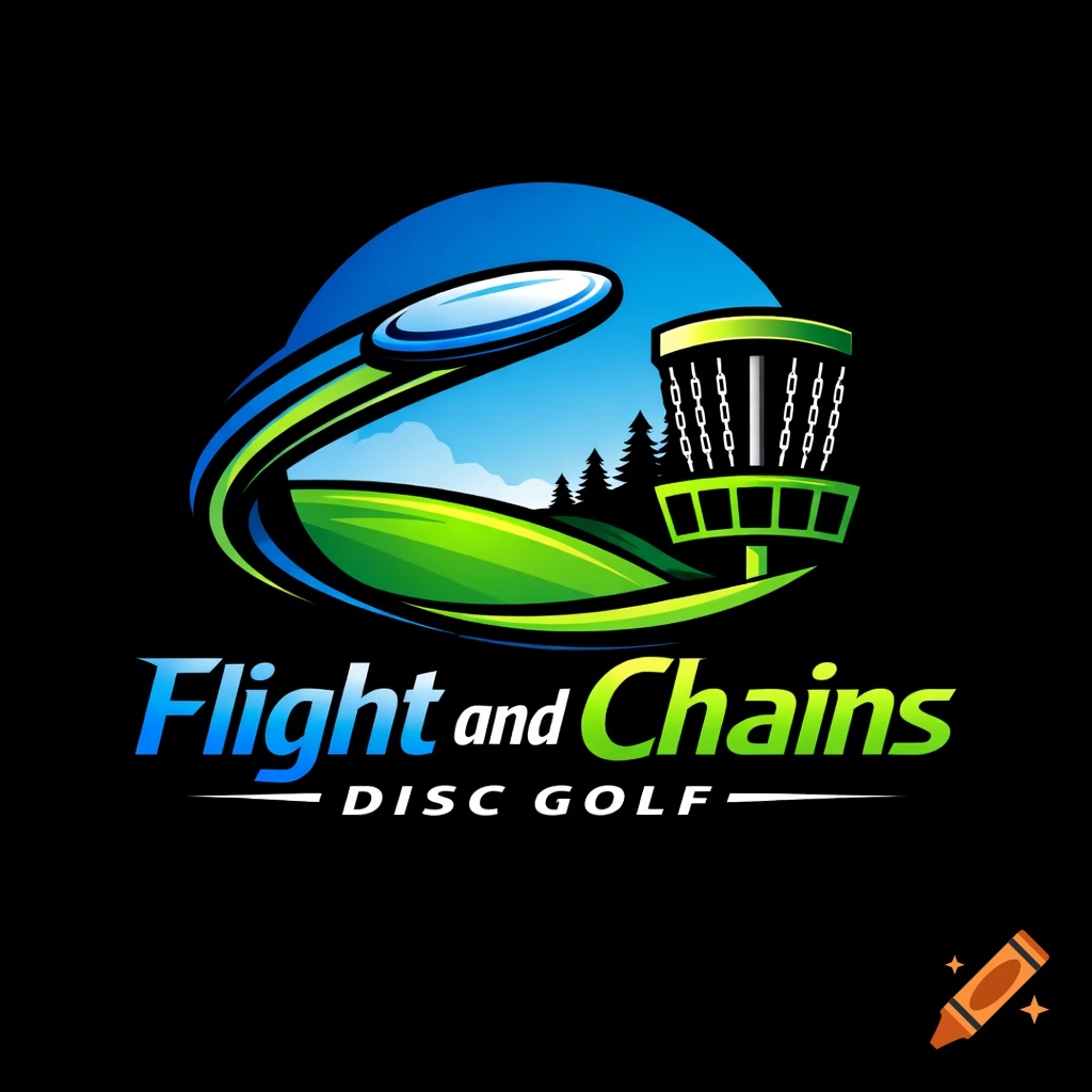 A colorful disc golf logo featuring a flying disc, a basket, green hills, trees, and the text "Flight and Chains DISC GOLF" on a black background.