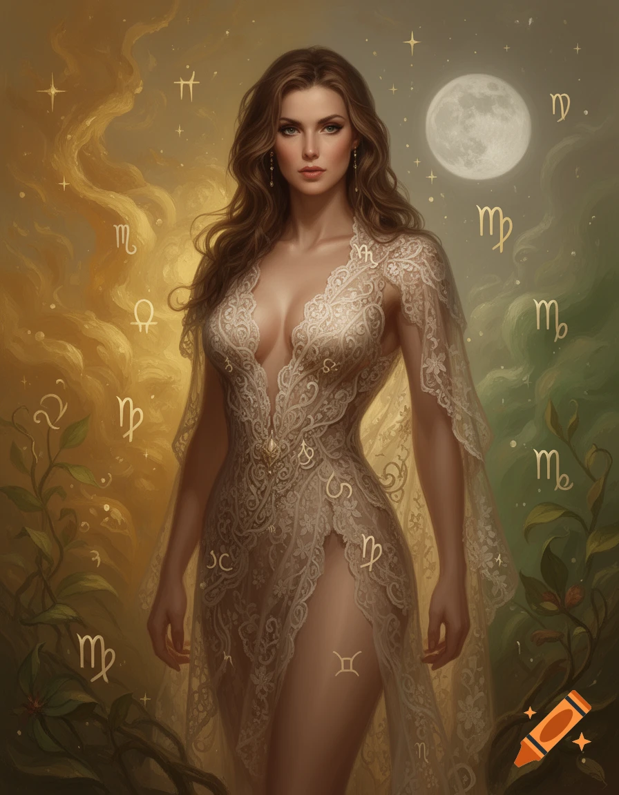 A beautiful woman in a revealing lace dress stands amidst celestial and earthy tones, with zodiac symbols floating around her and on her dress.