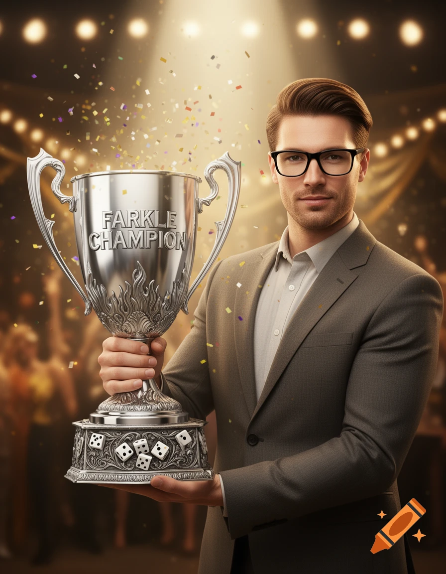 A man in a suit and glasses holds a silver trophy engraved with "FARKLE CHAMPION" as confetti falls around him.