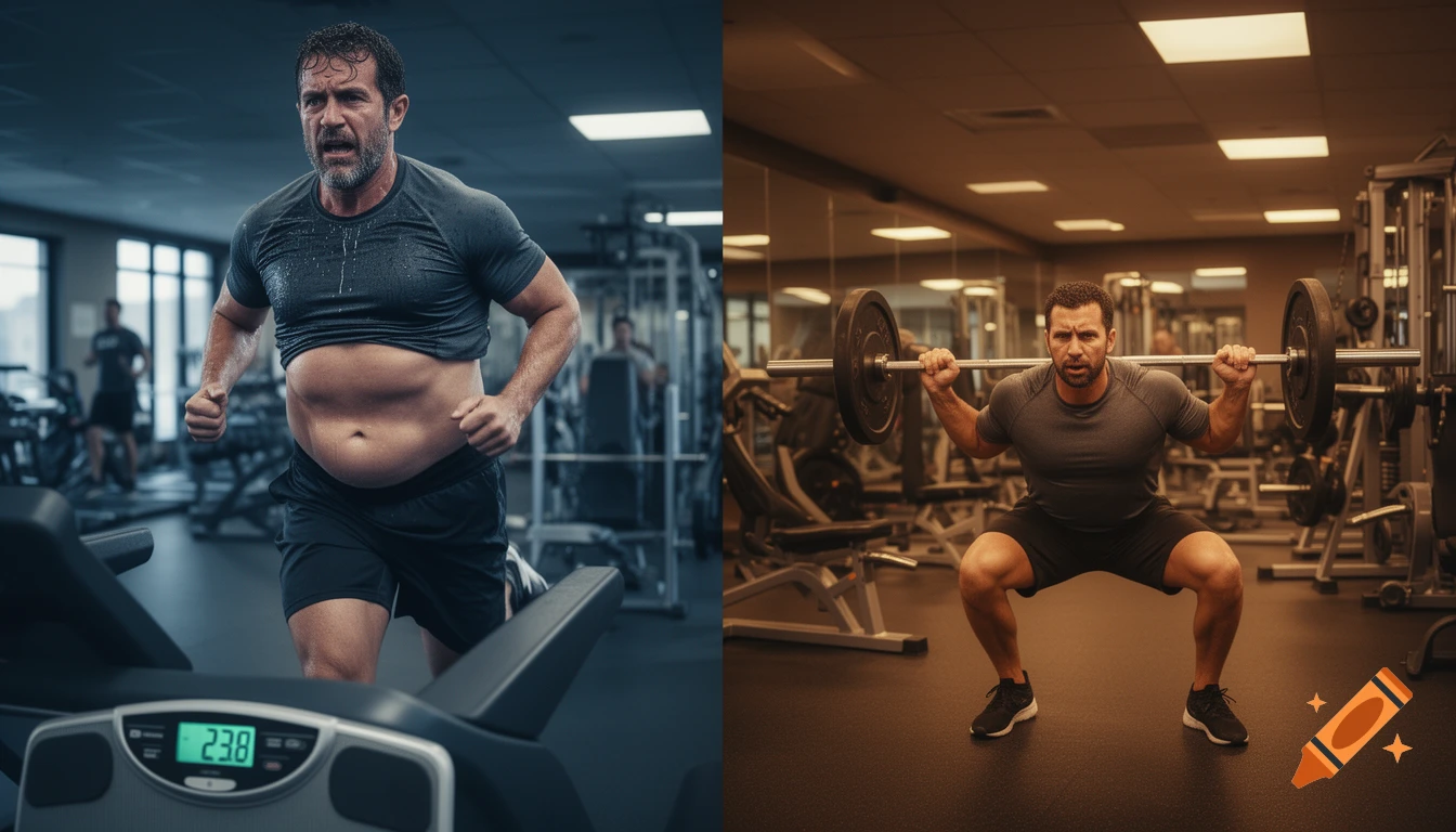 Diptych of a man in a gym: frustrated with visible belly on treadmill (left), confidently squatting with barbell (right).