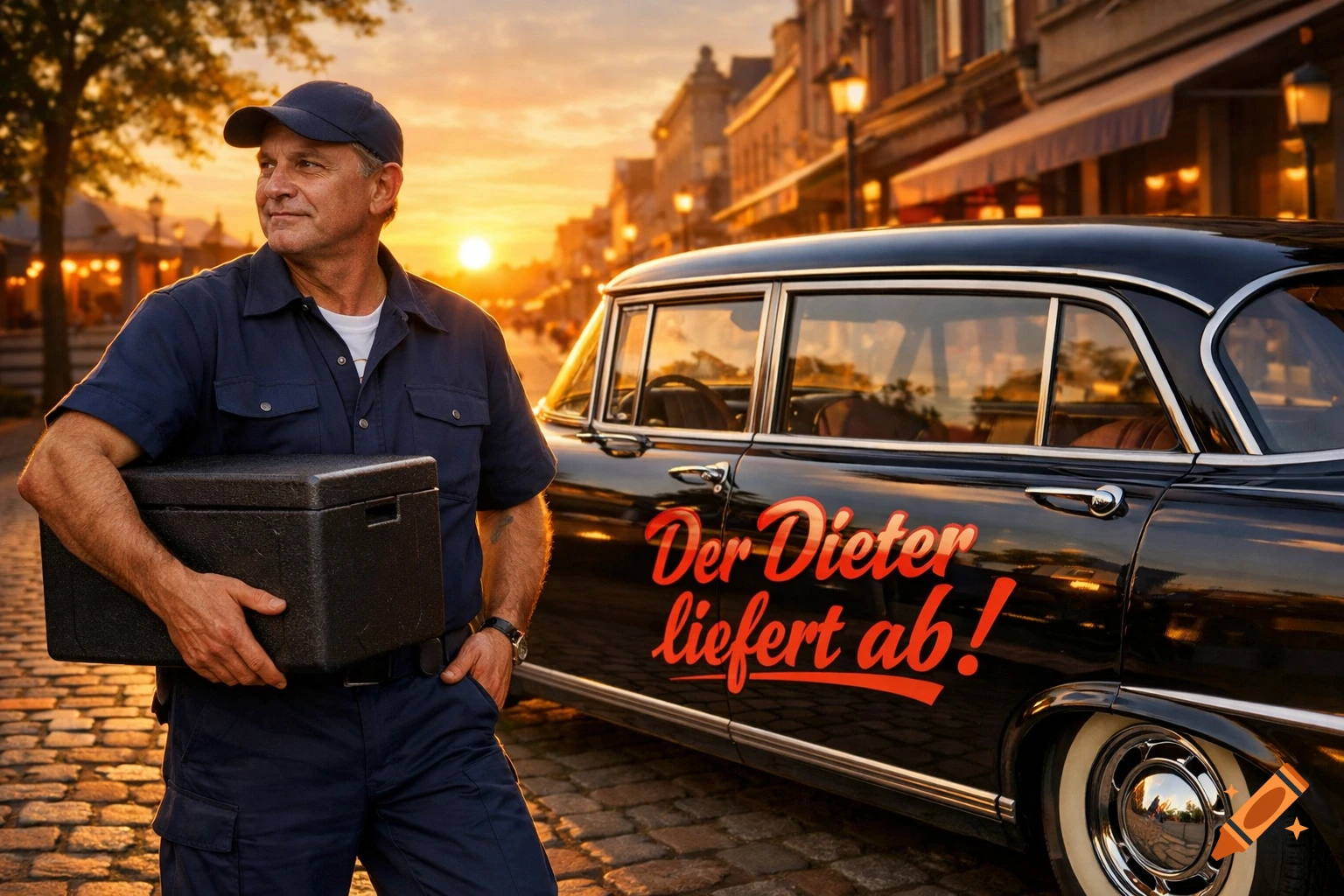 A delivery man in a cap and uniform stands holding a black box next to a vintage black car at sunset on an urban street.