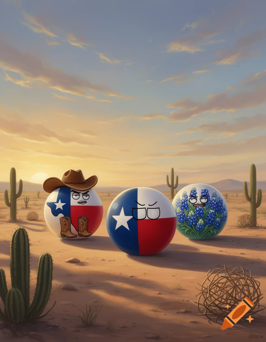 Three Texas flag countryballs, one with a cowboy hat and boots, stand in a desert landscape with cacti under a sunset sky.
