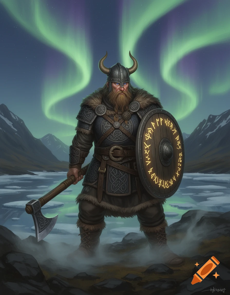 A Viking warrior with an axe and runic shield stands in a snowy, mountainous landscape under a green aurora borealis.