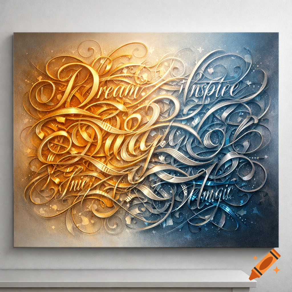 Intricate 3D golden and silver calligraphic artwork with words like 'Dream' and 'Inspire' on a two-tone background.