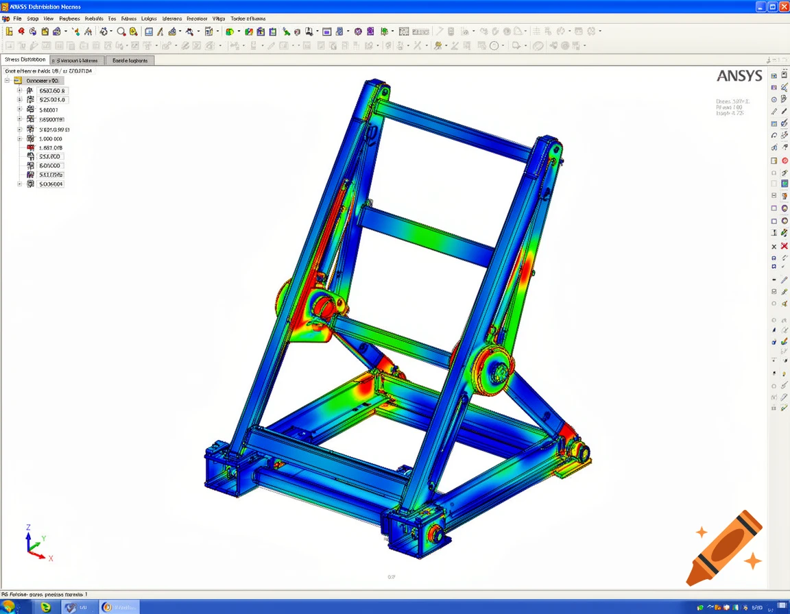 A colorful finite element analysis (FEA) stress distribution image of a mechanical support frame in ANSYS software. The frame shows stress concentrations in blue, green, yellow, and red.