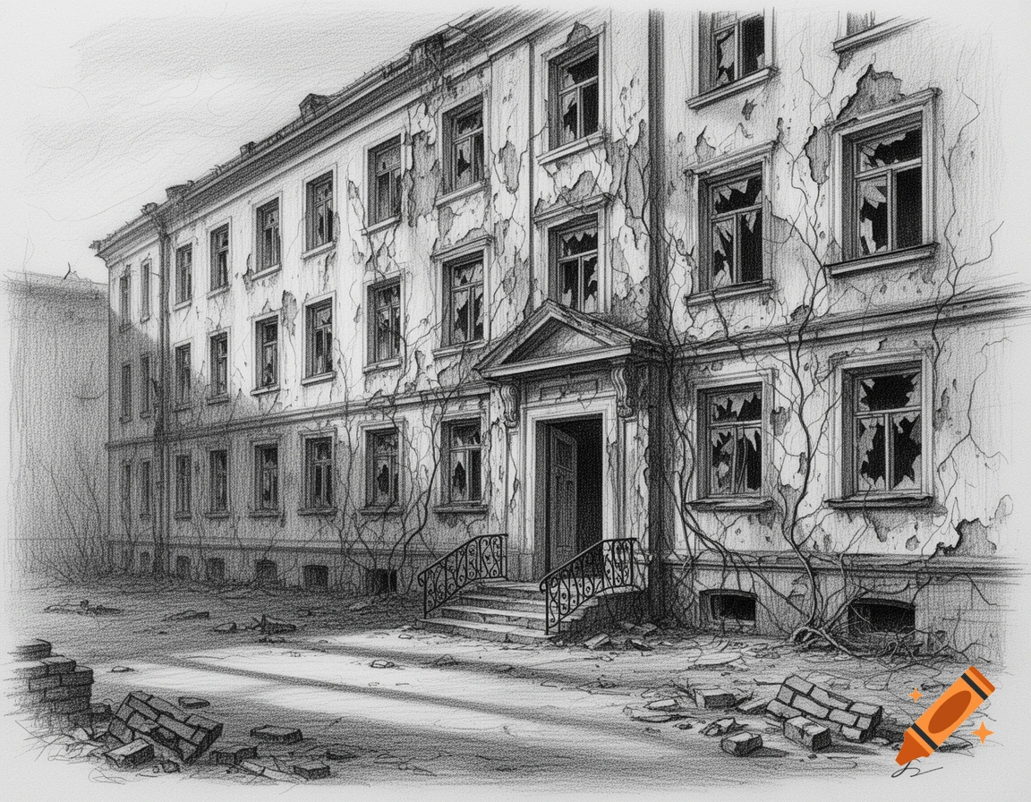 Pencil sketch of an old, abandoned apartment building with broken windows, peeling facade, and debris on the ground.