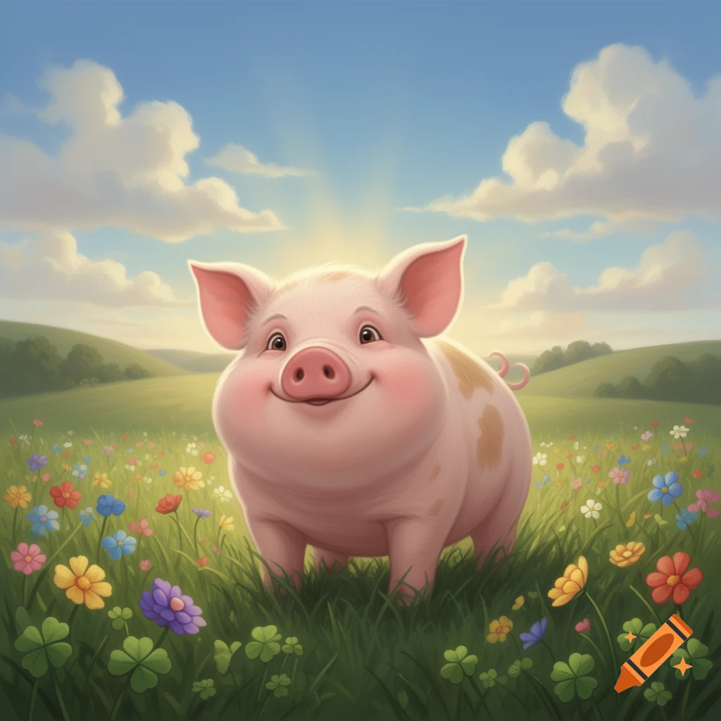 A cute, smiling cartoon pig stands in a vibrant grassy field filled with colorful flowers under a bright, sunny sky.