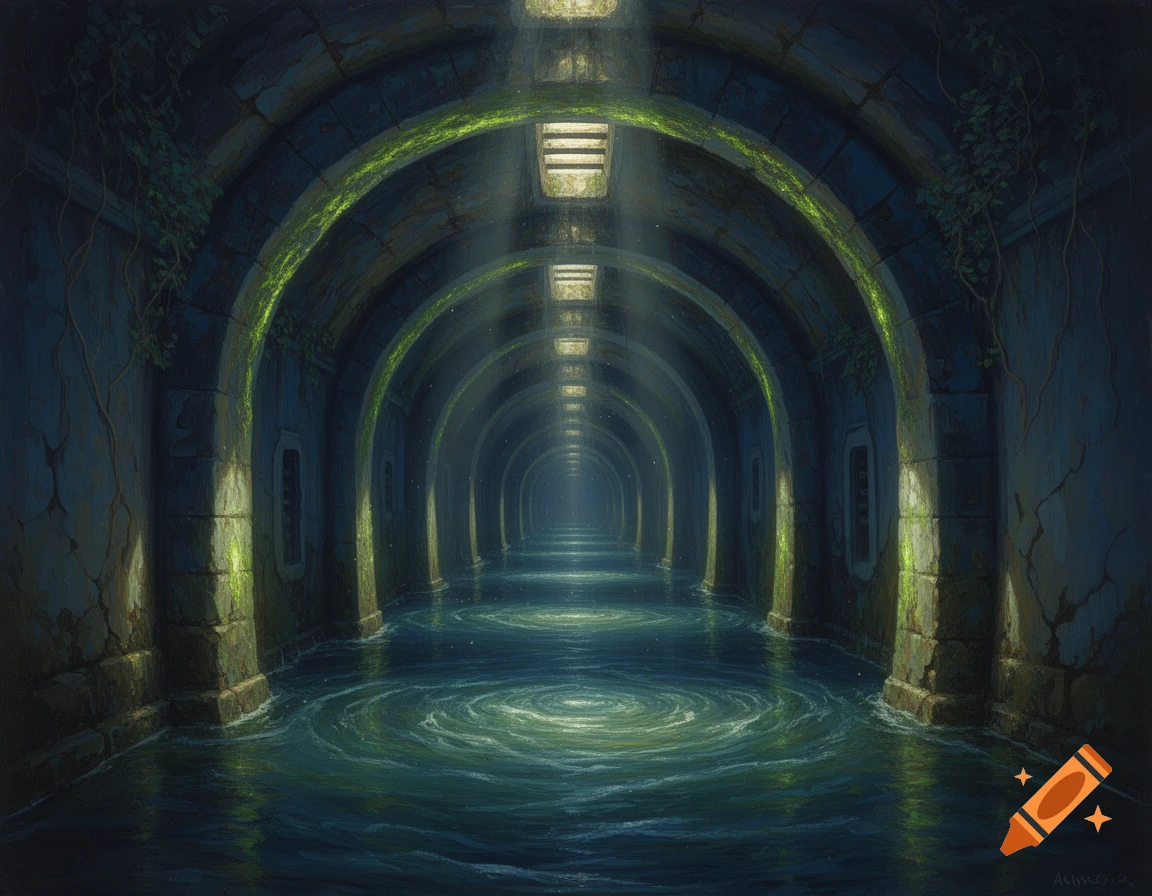 Long underground tunnel with arched stone walls covered in glowing green moss. Water flows on the floor with ripples, lit by rays from above.