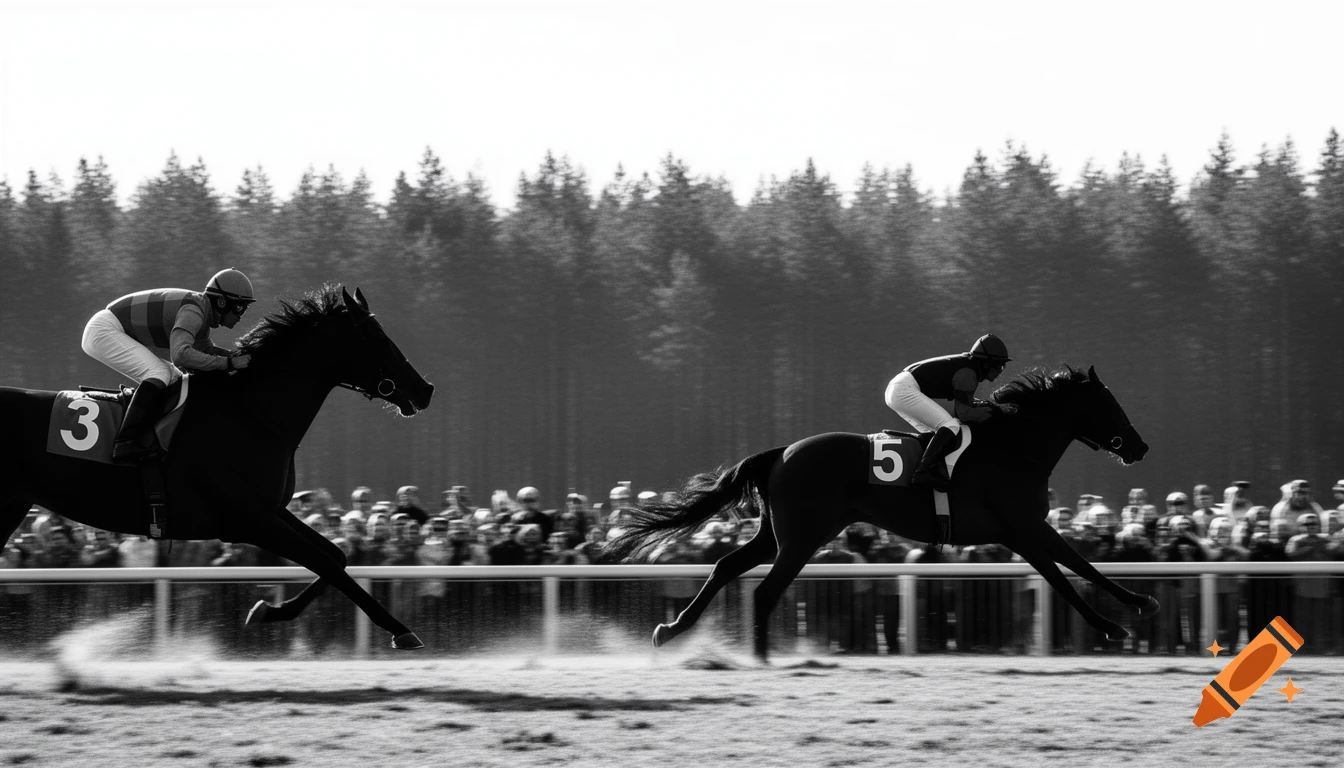Black and white photo of two racehorses with jockeys, numbered 3 and 5, galloping on a dirt track in front of a forest and spectators.