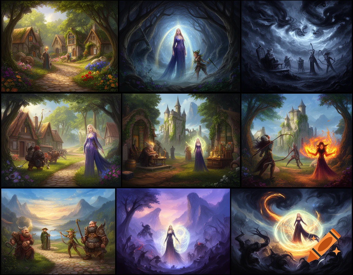 Nine fantasy illustrations depicting a woman's journey, from a peaceful village to confronting dark forces, with magical elements and diverse characters, in a digital painting style.