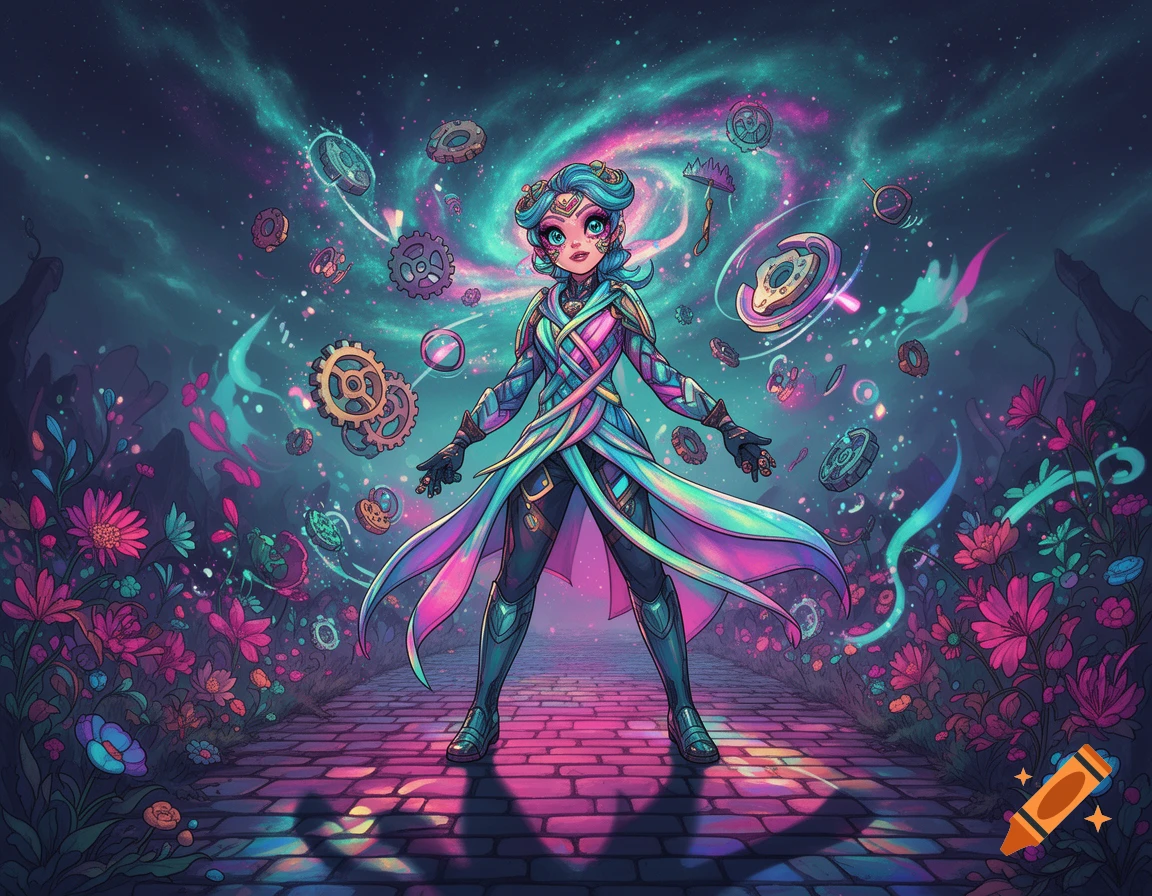 A stylized character with blue hair and a colorful coat stands on a brick path surrounded by vibrant flowers and floating gears in a cosmic fantasy scene.