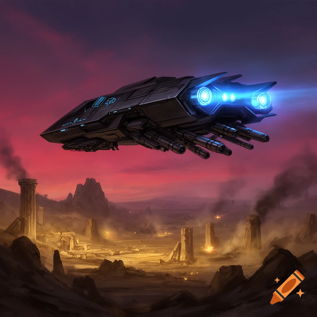A dark, futuristic spaceship with glowing blue engines hovers over a ruined desert landscape under a reddish-purple sky.