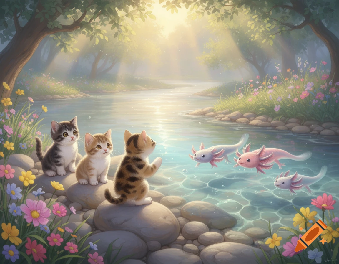 Three cute kittens sit on river rocks, watching three axolotls swim in a clear, sunlit river in a lush, floral forest.