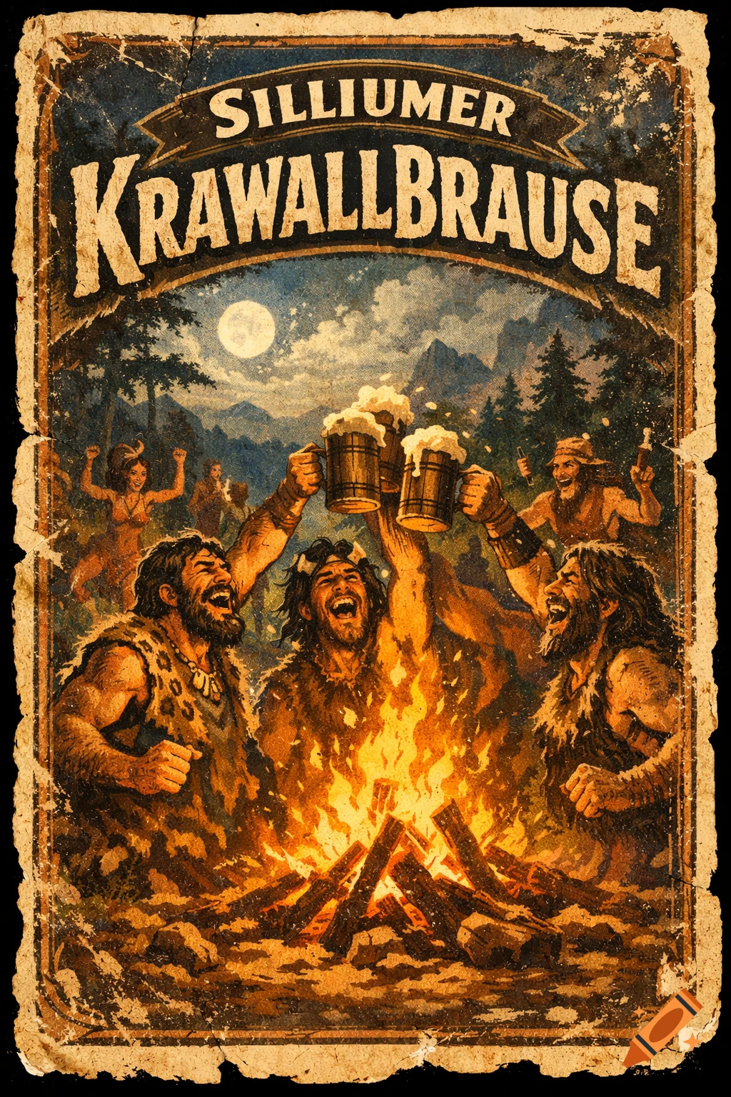 Vintage beer label showing primitive people celebrating around a campfire under a full moon, with 'Silliumer Krawallbrause' text.