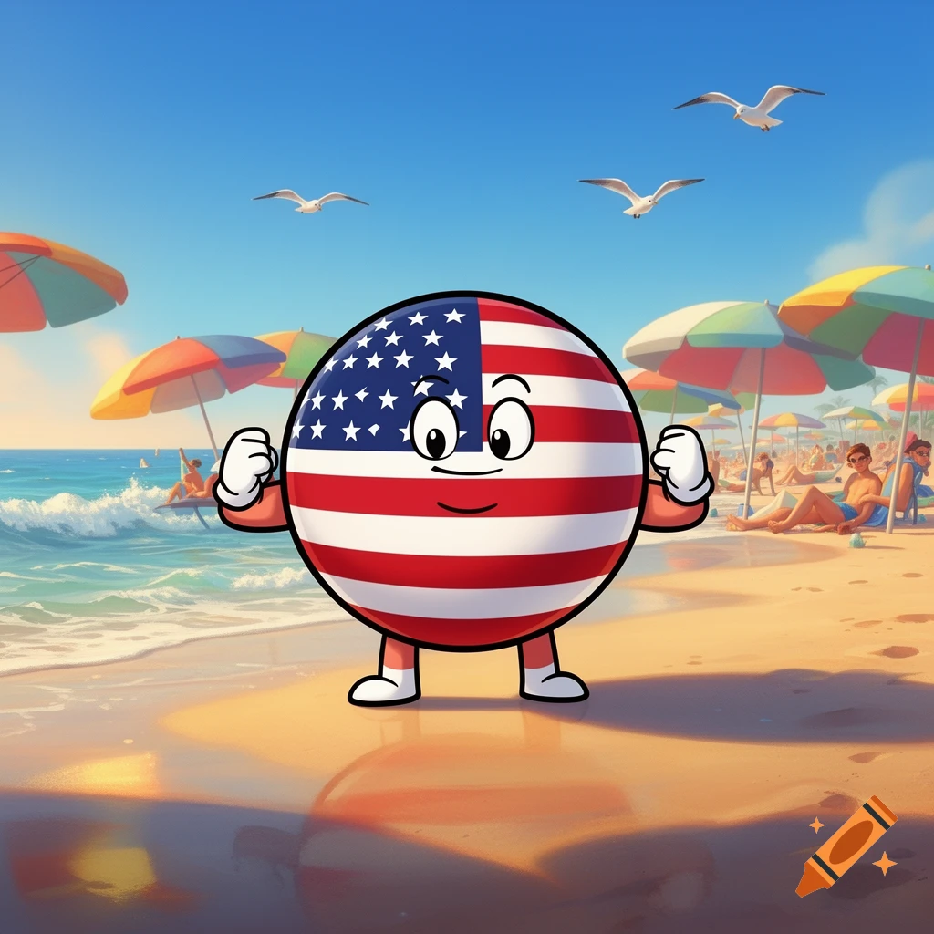 Cartoon USA flag character with arms flexed on a sunny beach with umbrellas and bathers.