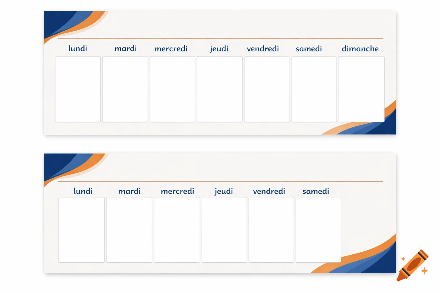Two modern weekly planners, one with 7 days and one with 6 days, featuring white boxes for entries and blue and orange wave accents.