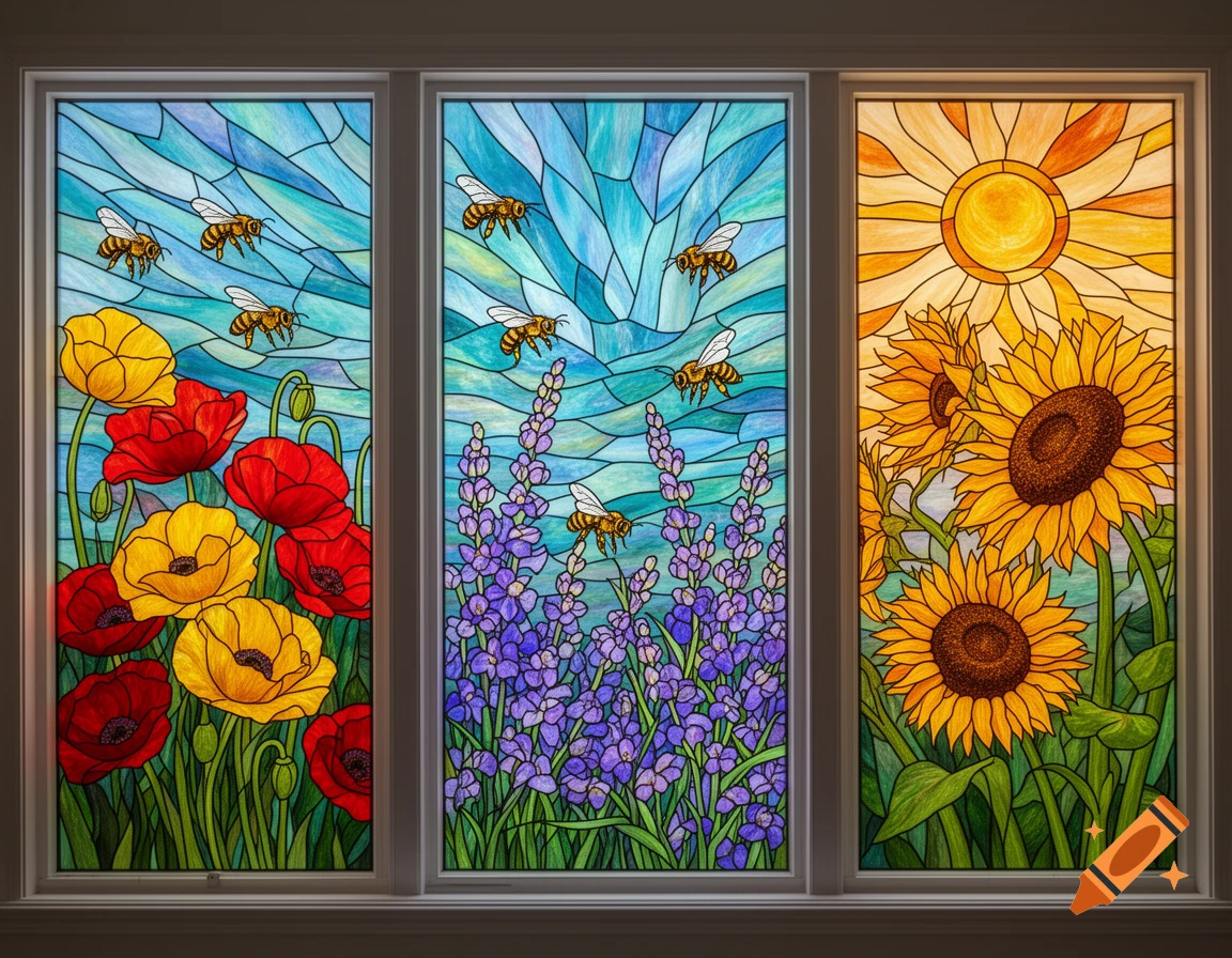 Three stained glass window panes depicting a continuous scene of bees hovering over colorful poppies, lavender, and sunflowers under a bright sun.