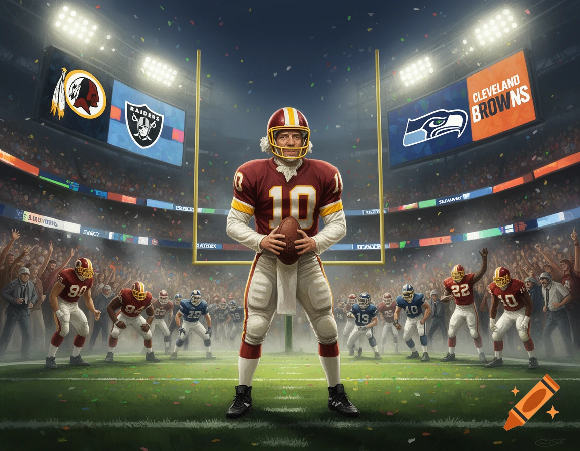 George Washington in a Redskins uniform stands on a football field holding a ball, surrounded by players and a stadium crowd, under scoreboards displaying NFL team logos for the Raiders, Redskins, Seahawks, and Cleveland Browns.