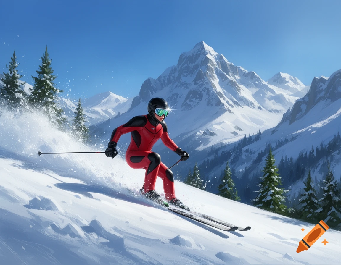 A skier in a red suit carves down a snow-covered mountain, surrounded by pine trees and majestic snowy peaks under a clear blue sky.
