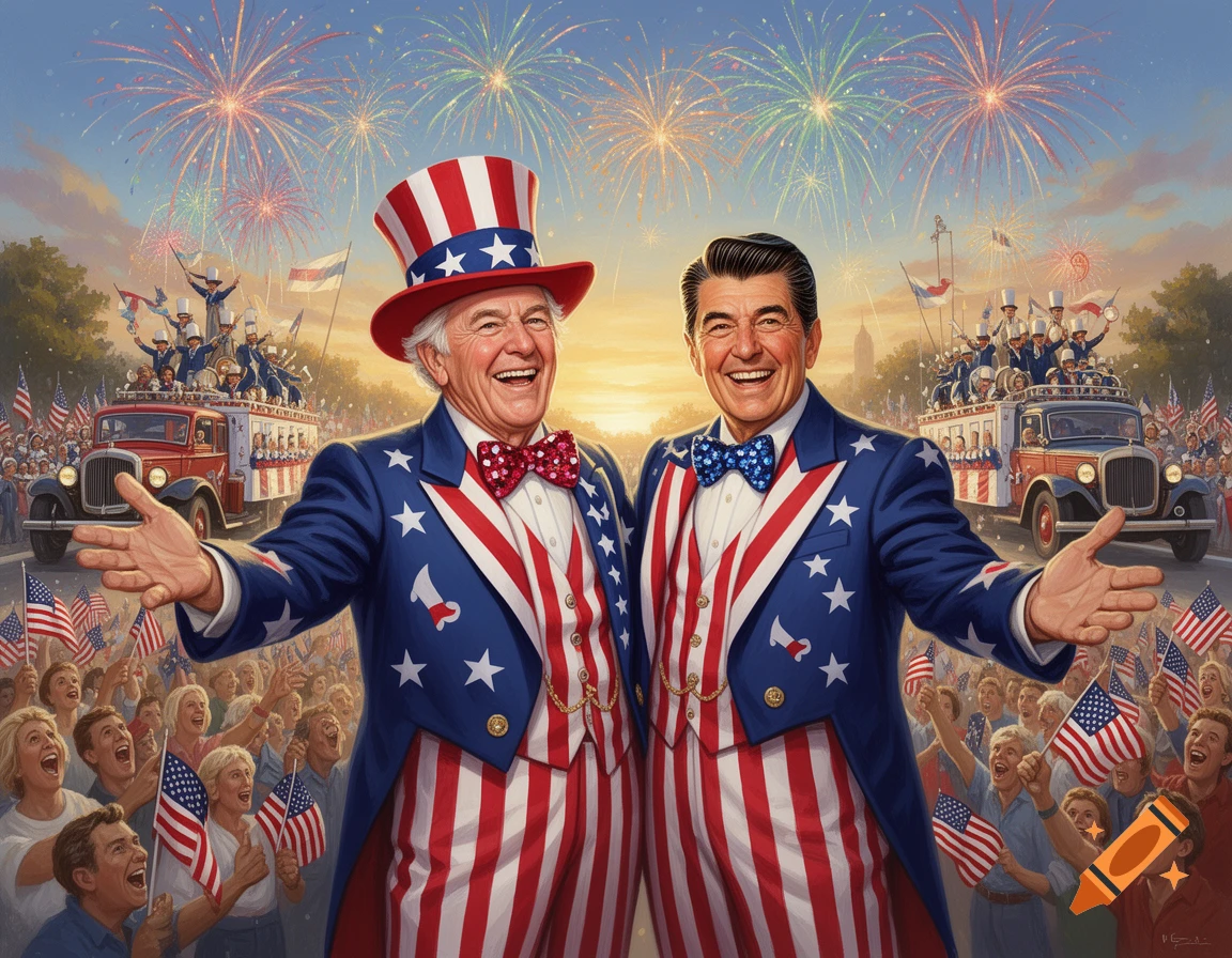 Chuck Grassley and Ronald Reagan in Uncle Sam outfits wave at a cheering crowd during a patriotic parade with fireworks.
