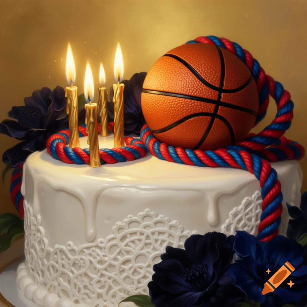A close-up of a white birthday cake decorated with four lit candles, a basketball, and a red and blue rope, surrounded by dark blue flowers.