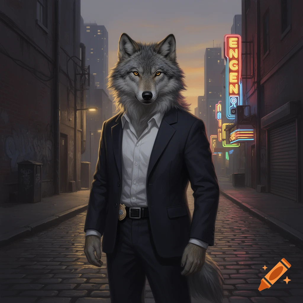 Photorealistic image of an anthropomorphic wolf in a dark suit and white shirt, wearing a badge, standing in a dim city alley with neon signs.