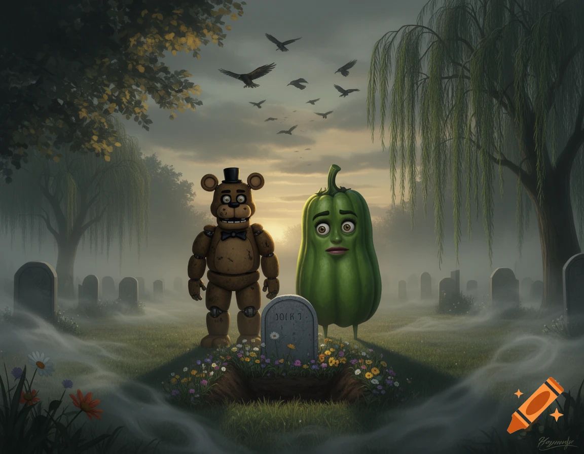Freddy Fazbear and an anthropomorphic green bell pepper mourn beside a fresh grave in a misty cemetery at sunset, with birds flying.