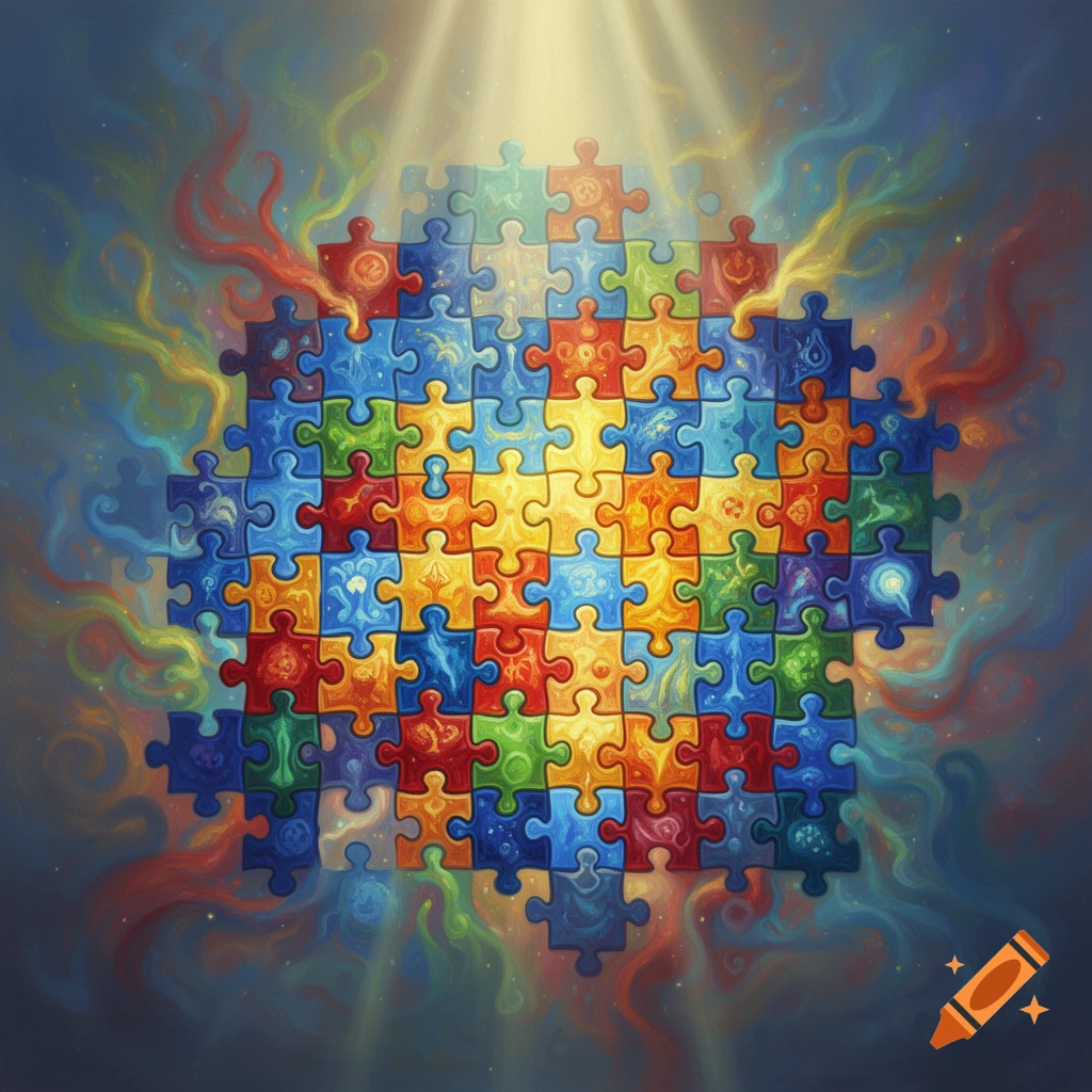 Vibrant, interconnected puzzle pieces with unique symbols, bathed in ethereal light, symbolizing unity and diversity.