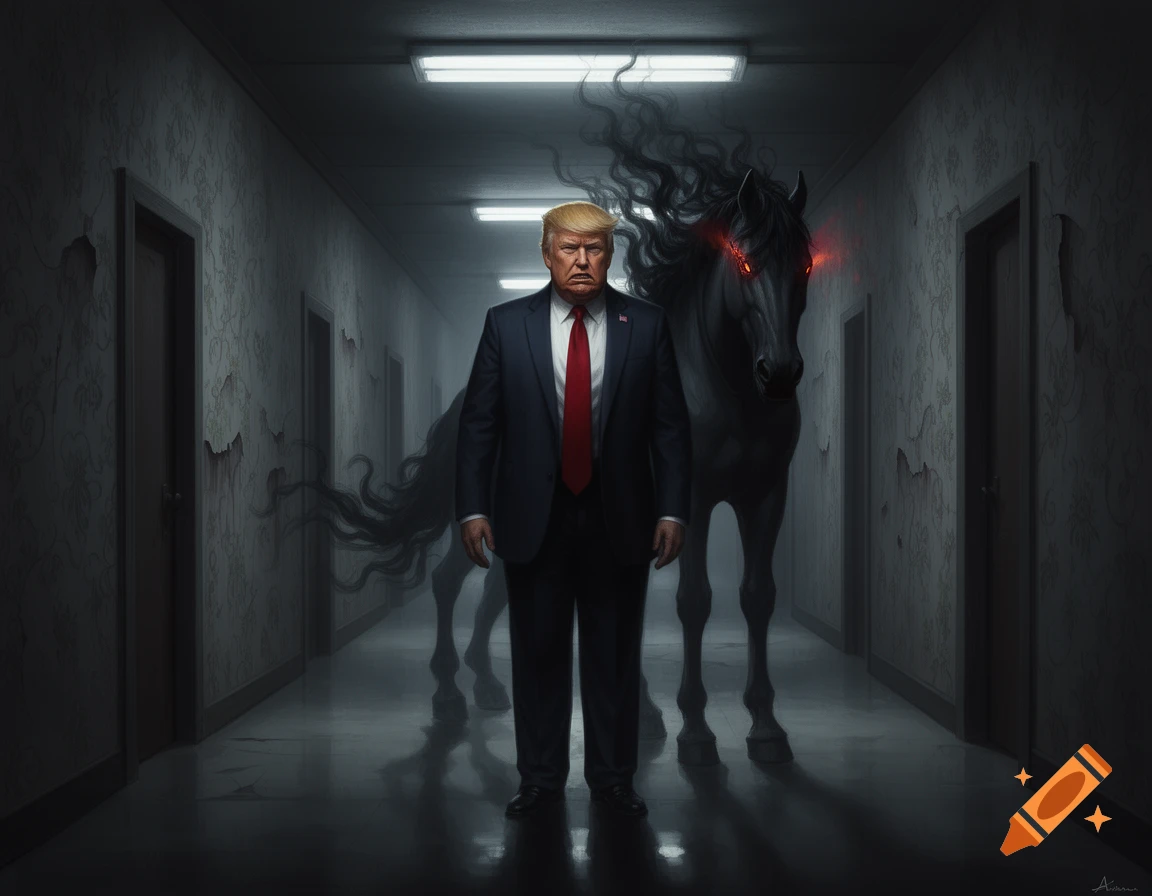 Donald Trump stands in a dark, decaying hallway, a shadowy black horse with glowing red eyes and a smoky mane behind him, in a dark fantasy painting.
