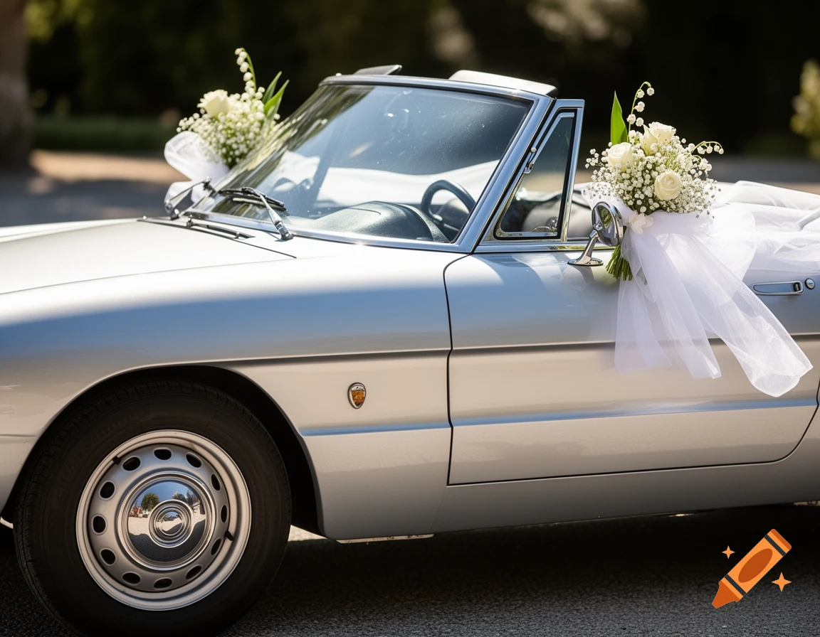 A silver Alfa Romeo Duetto spider convertible car decorated with white roses, lily of the valley, gypsophila flowers, and white fabric, photographed in bright daylight.