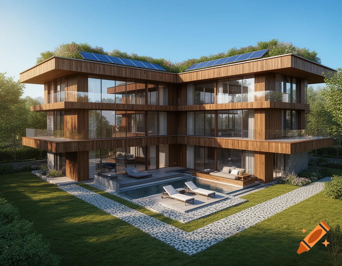 A modern wooden and glass L-shaped house with a flat green roof, solar panels, a swimming pool, and a gravel path on a sunny day.