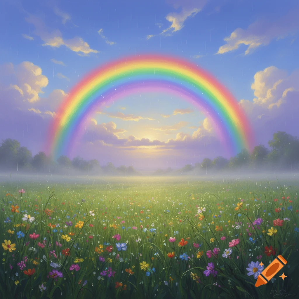 A vibrant rainbow arches over a dew-kissed meadow filled with colorful wildflowers, with a misty forest and soft sunrise.